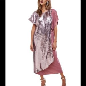 NWT ASOS Velvet and Sequin Mix Asymmetric Drape Dress Sz 6 Pink